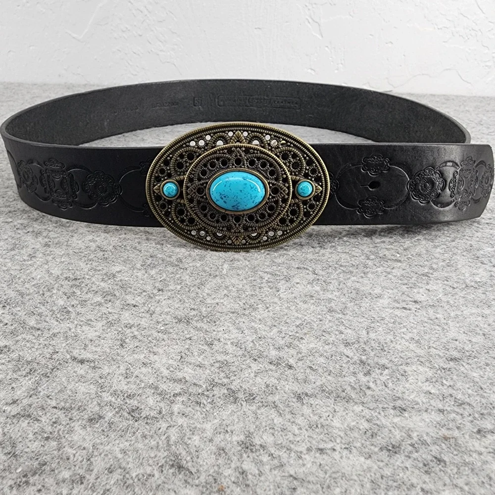 Fossil Black Embossed Leather Turquoise Filigree Buckle Western Boho Belt Small